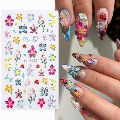 SUTOKAKA 6 Sheets 5D Flower Nail Art Stickers for Spring Summer Self-Adhesive Embossed Hibiscus Tropical Floral Nail Decals Manicure Decorations for Vacation Holiday Supplies