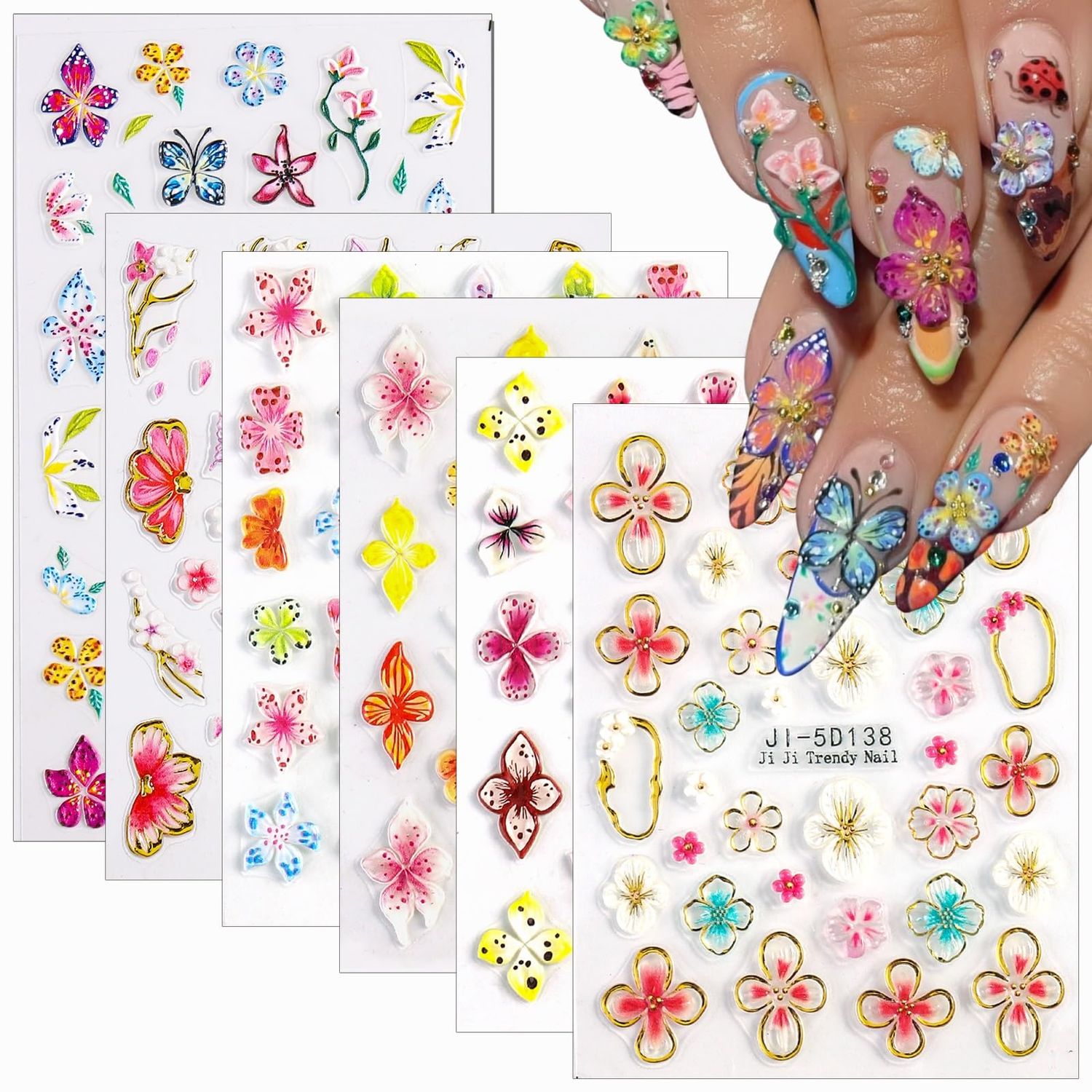 SUTOKAKA 6 Sheets 5D Flower Nail Art Stickers for Spring Summer Self-Adhesive Embossed Hibiscus Tropical Floral Nail Decals Manicure Decorations for Vacation Holiday Supplies