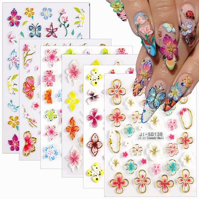SUTOKAKA 6 Sheets 5D Flower Nail Art Stickers for Spring Summer Self-Adhesive Embossed Hibiscus Tropical Floral Nail Decals Manicure Decorations for Vacation Holiday Supplies