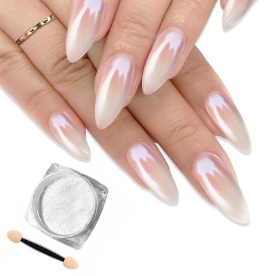 White Pearl Chrome Nail Powder, Pearlescent White Nail Art Jewelry Glitter Powder Symphony Mermaid Pearl Neon Nail Powder, The Powder Is Fine and Shiny, Healthy &amp; Long-lasting for Nail Art Decorations