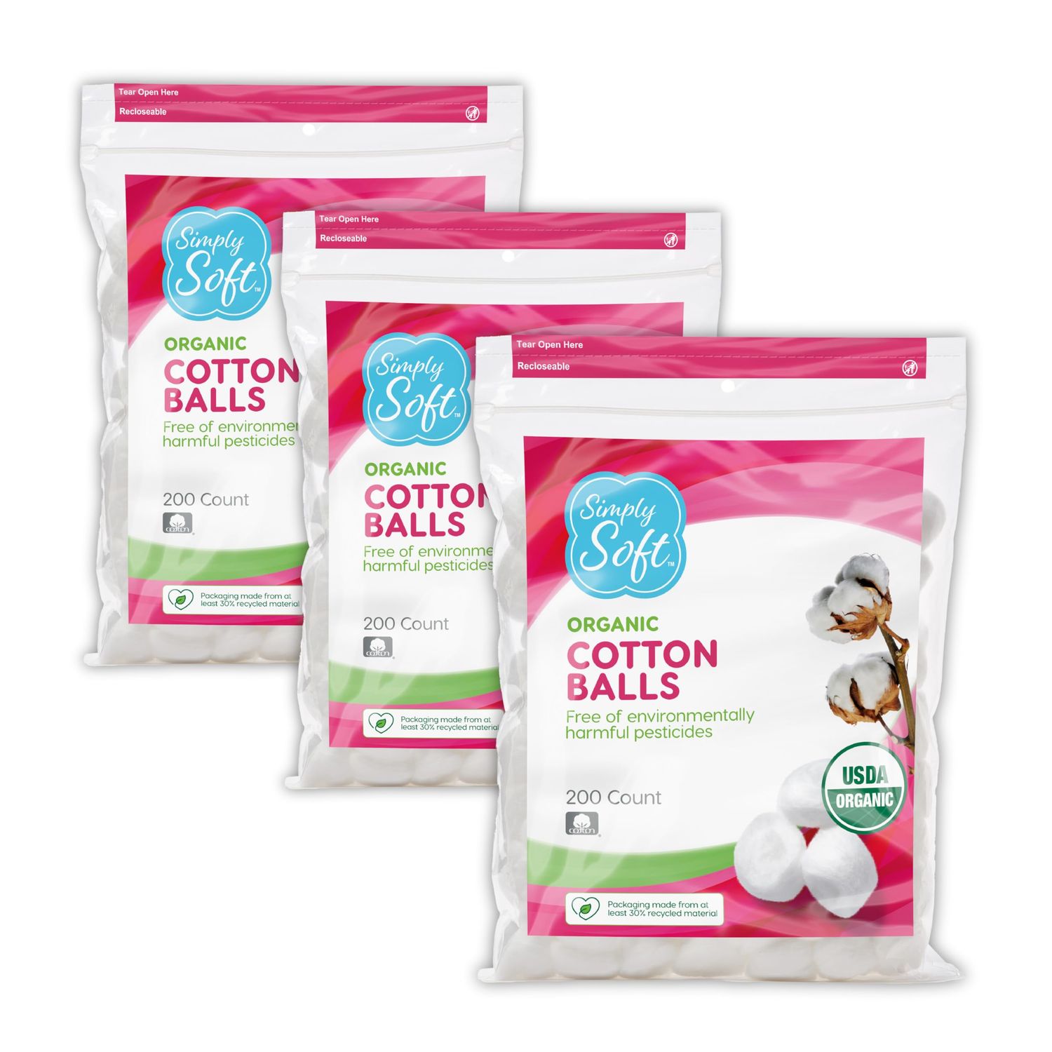 Simply Soft Premium Organic Cotton Balls, 600 Count (3 Bags) 100 Pure Cotton, Certified Organic, Hypoallergenic, Large, Soft &amp; Absorbent for Beauty, Cosmetics, Skin Care, Lint Free