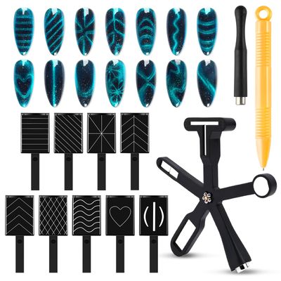 heemeei 12pcs Cat Eye Magnet for Nails, 6 In 1 Multifunction 9pcs Stripe Plates Pen Wand for Cat Eye Gel Polish 3d Nail Art Salon or Diy (Black)