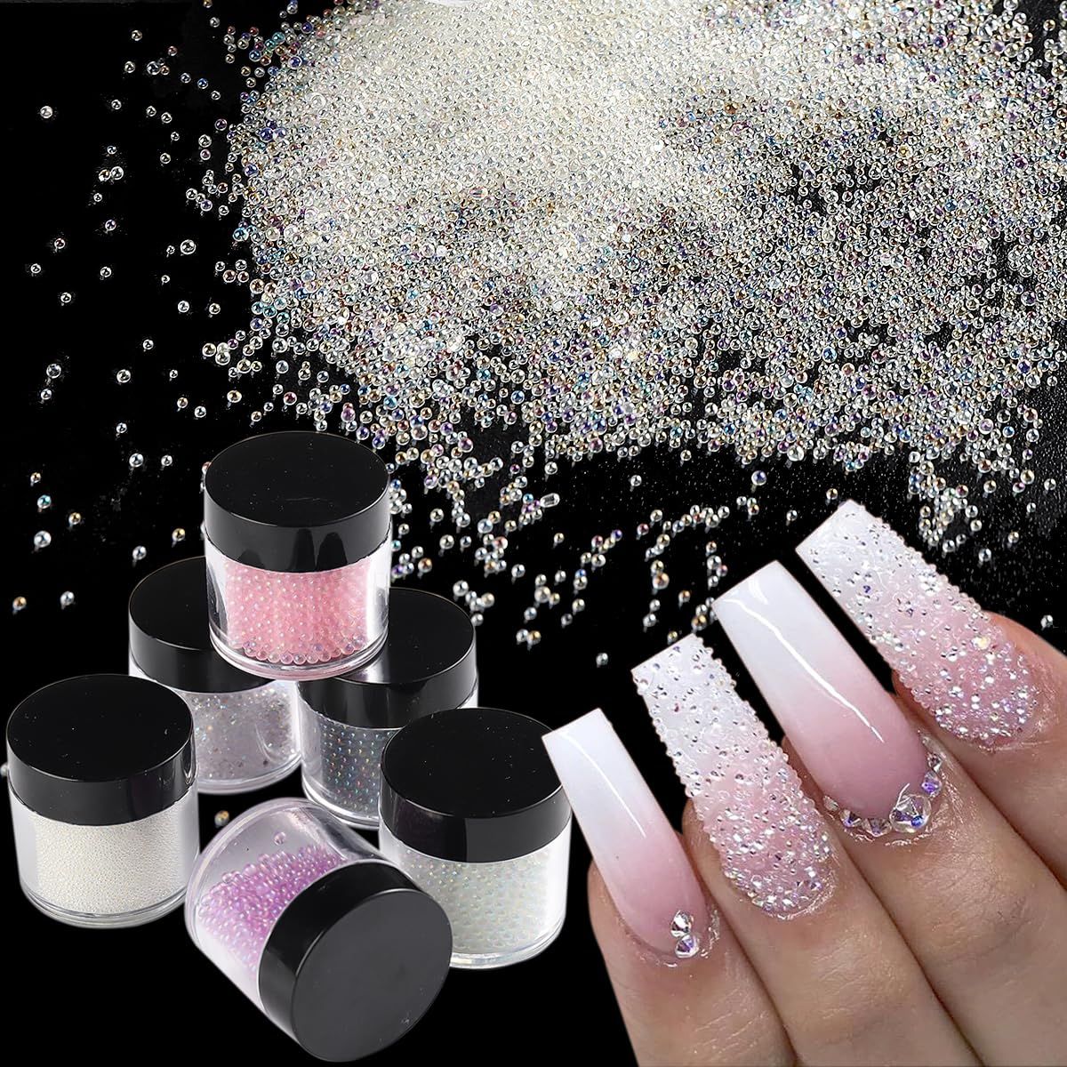 Pixie Crystals for Nails - 6 Bottles Micro Caviar Beads 0.6-2mm Holographic Glass Balls Gems Stones Tiny Rhinestones for Acrylic Manicure Decoration Supplies