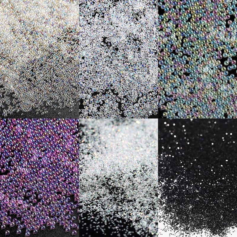 Pixie Crystals for Nails - 6 Bottles Micro Caviar Beads 0.6-2mm Holographic Glass Balls Gems Stones Tiny Rhinestones for Acrylic Manicure Decoration Supplies