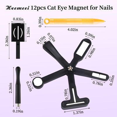 heemeei 12pcs Cat Eye Magnet for Nails, 6 In 1 Multifunction 9pcs Stripe Plates Pen Wand for Cat Eye Gel Polish 3d Nail Art Salon or Diy (Black)