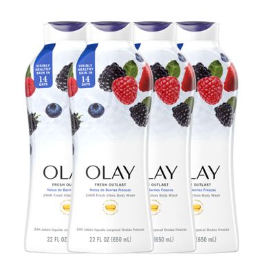 Olay Body Wash for Women, Fresh Radiance, Refreshing &amp; Renewing, Made with Plant Based Cleansers, B3 Botanical Complex, For All Skin Types, Fresh Berries Scent, 22 fl oz (Pack of 4)