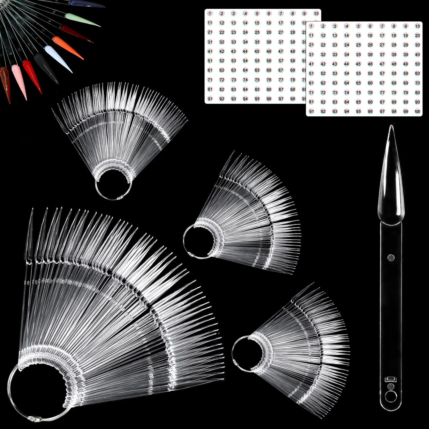 Allstarry 200 Pcs Clear &amp; Natural Nail Swatch Sticks with Ring and Numbered Tips Pointed Shaped Nail Art Polish Display Tips, False Nail Sample Sticks, Sacks of Transparent Nail Practice for Manicure