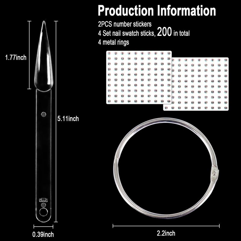 Allstarry 200 Pcs Clear &amp; Natural Nail Swatch Sticks with Ring and Numbered Tips Pointed Shaped Nail Art Polish Display Tips, False Nail Sample Sticks, Sacks of Transparent Nail Practice for Manicure