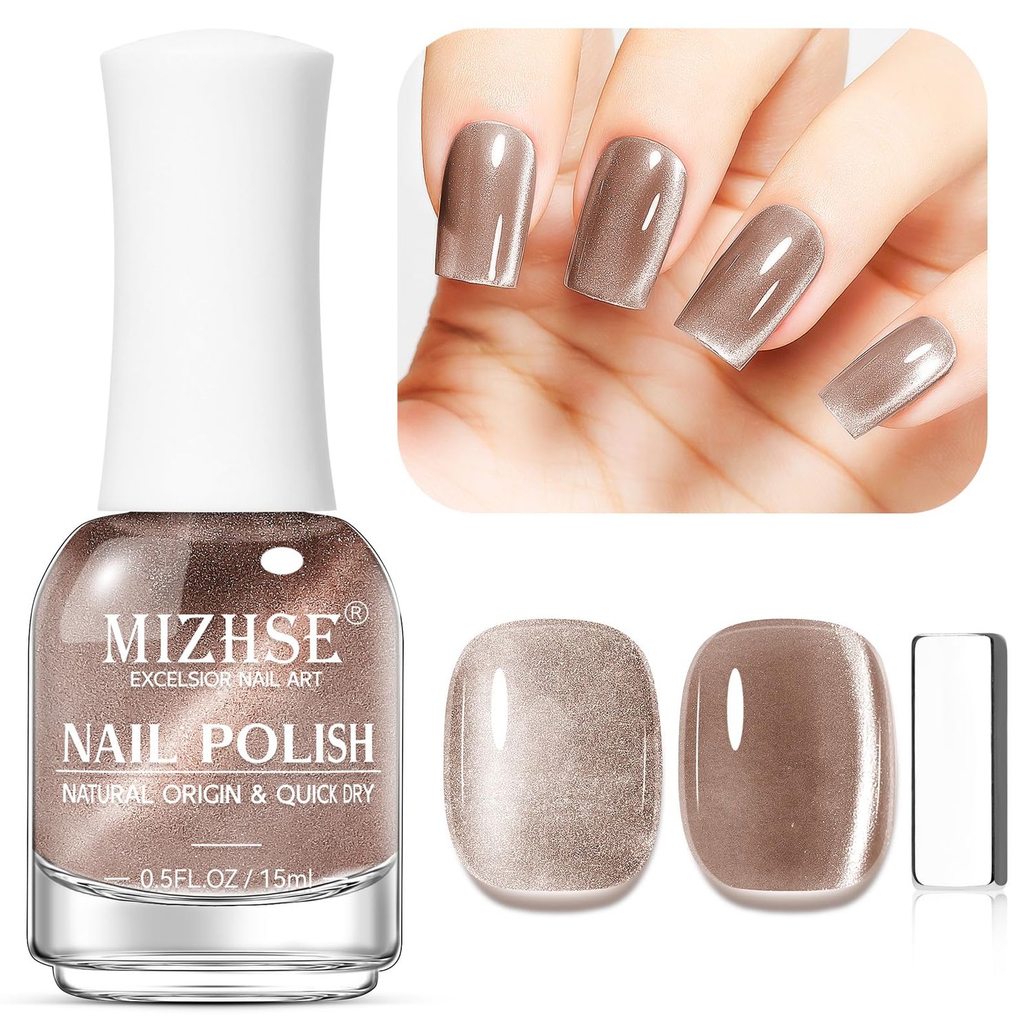 MIZHSE Cat Eye Nail Polish: Quick Dry Magnetic Nail Polish with Magnet, Air Drying Fast Champagne Color Nail Lacquer 15ml Cateye Effect for Women Girl Non-Gel Nail Art Manicure DIY Home