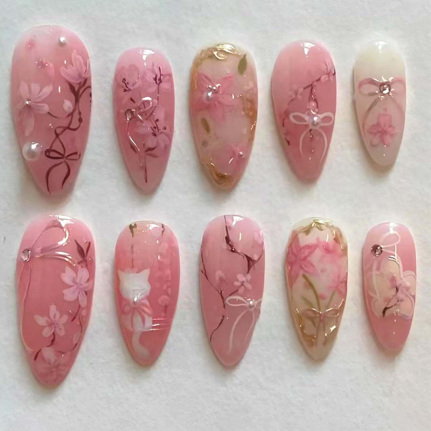 30Pcs Pink Flower Press on Nails Medium Almond Fake Nails Peach Blossom with 3D Rhinestones Pearl Gold Glitter Design Artificial Cute Cat Nails Stick on Nails Spring False Nails for Women Acrylic Nail