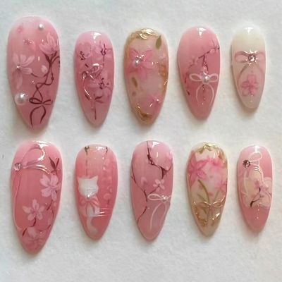 30Pcs Pink Flower Press on Nails Medium Almond Fake Nails Peach Blossom with 3D Rhinestones Pearl Gold Glitter Design Artificial Cute Cat Nails Stick on Nails Spring False Nails for Women Acrylic Nail