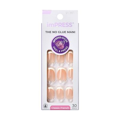 KISS imPRESS No Glue Mani Press On Nails, French, Model, Light Neutral White Tip French, Short Size, Squoval Shape, Includes 30 Nails, Prep Pad, Instructions Sheet, 1 Manicure Stick, 1 Mini File