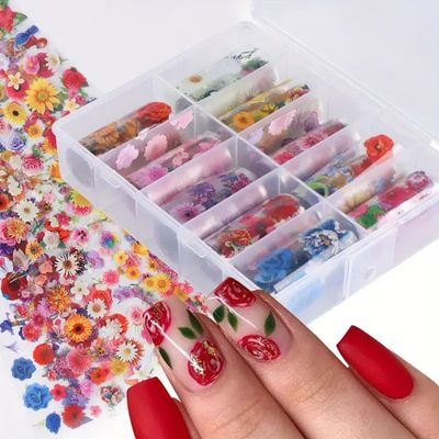 Spring Floral Nail Art Foils Transfer Stickers 10Pcs Colorful Daisy Rose Nail Foils Adhesive Decals Art Supplies Flower Starry Sky Paper Manicure Accessories for Women Spring DIY Decorations