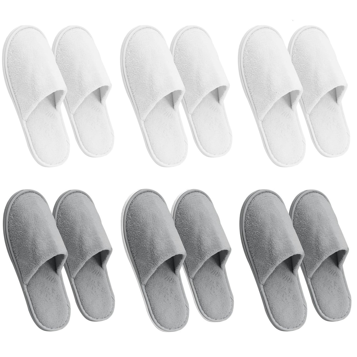 AQUEENLY 6 Pairs Disposable Spa Slippers for Guests, Hotel Slippers, Non-Slip Indoor Slippers for Women &amp; Men, White Grey, Size 9.5-10.5 Women/11-11.5 Men