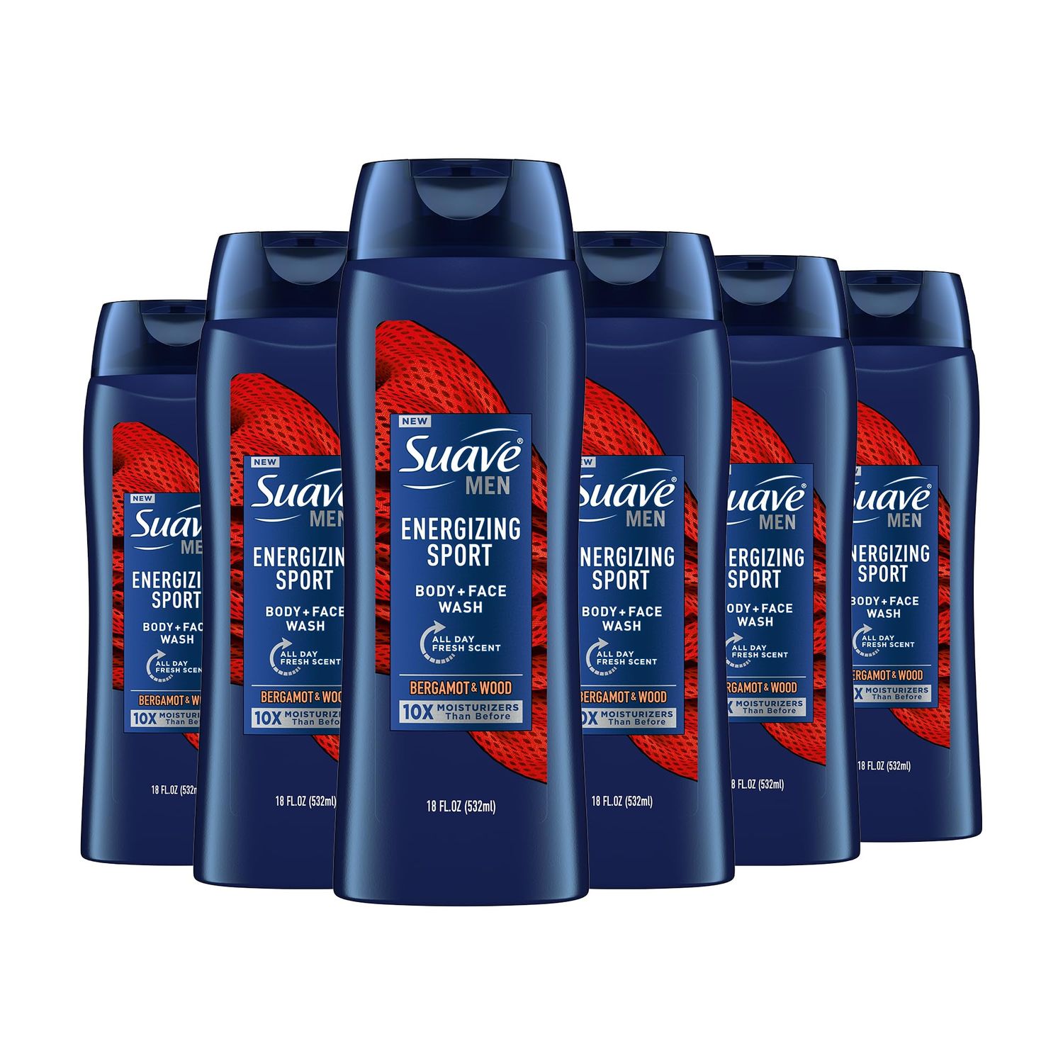 Suave Men Moisturizing Body &amp; Face Wash, Energizing Sport with Bergamot &amp; Wood Scent, No Parabens, No Phtahaltes, 18 Oz Pack of 6