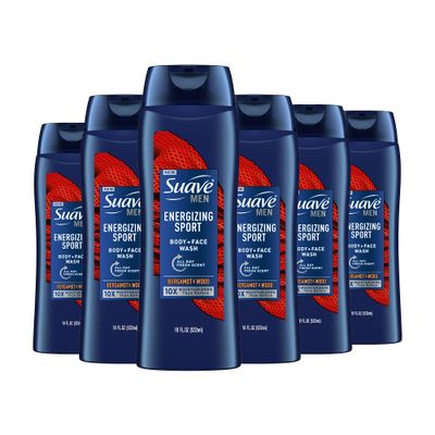 Suave Men Moisturizing Body &amp; Face Wash, Energizing Sport with Bergamot &amp; Wood Scent, No Parabens, No Phtahaltes, 18 Oz Pack of 6