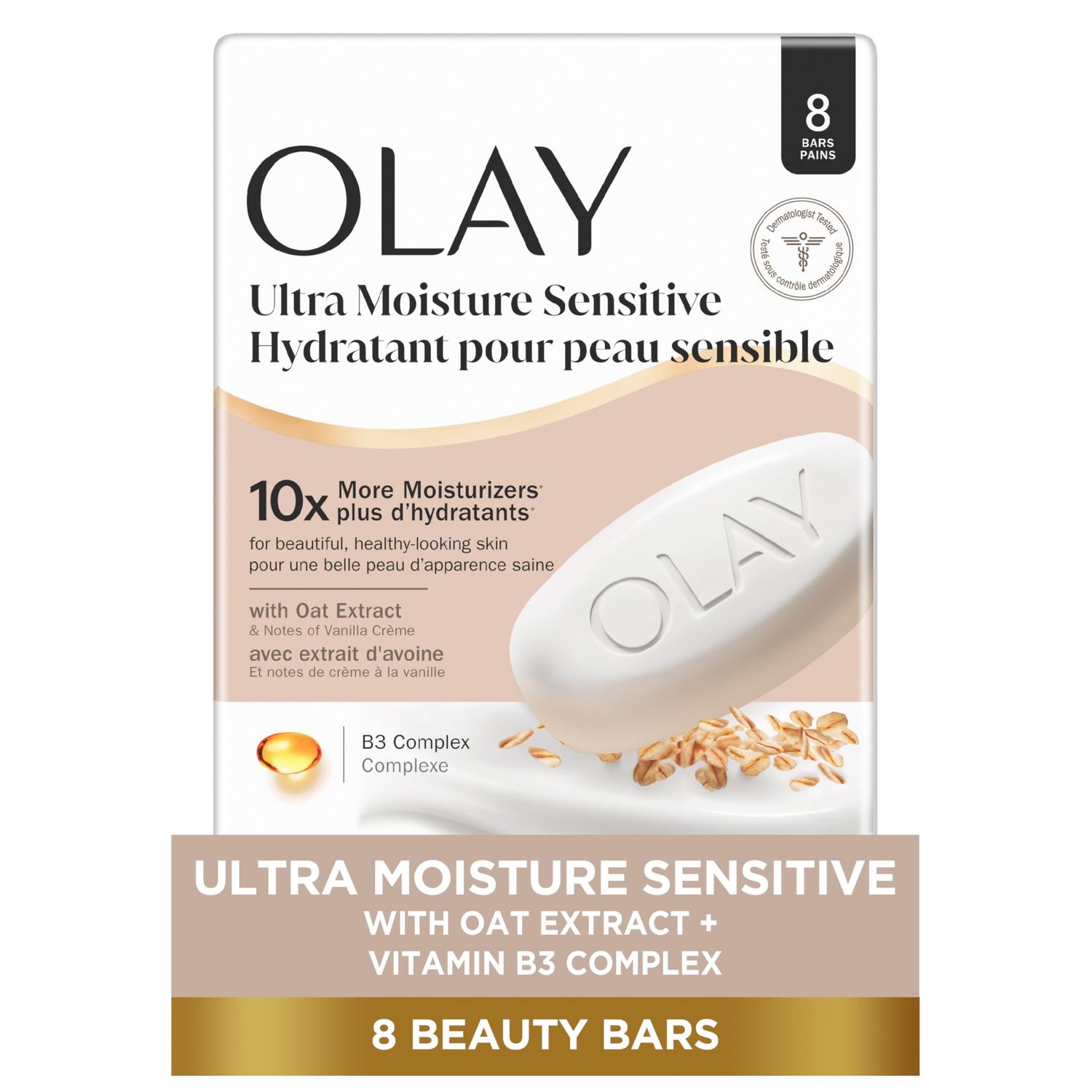 Olay Beauty Bar for Sensitive Skin, Ultra Moisture, 10x More Moisturizers, Nourishing Conditioners, Gentle on Skin, Vitamin B3 Complex, Oat Extract &amp; Vanilla Crme Scent, 3.17 oz (Pack of 8)