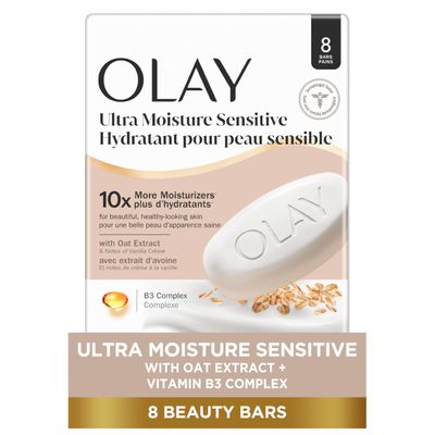 Olay Beauty Bar for Sensitive Skin, Ultra Moisture, 10x More Moisturizers, Nourishing Conditioners, Gentle on Skin, Vitamin B3 Complex, Oat Extract &amp; Vanilla Crme Scent, 3.17 oz (Pack of 8)