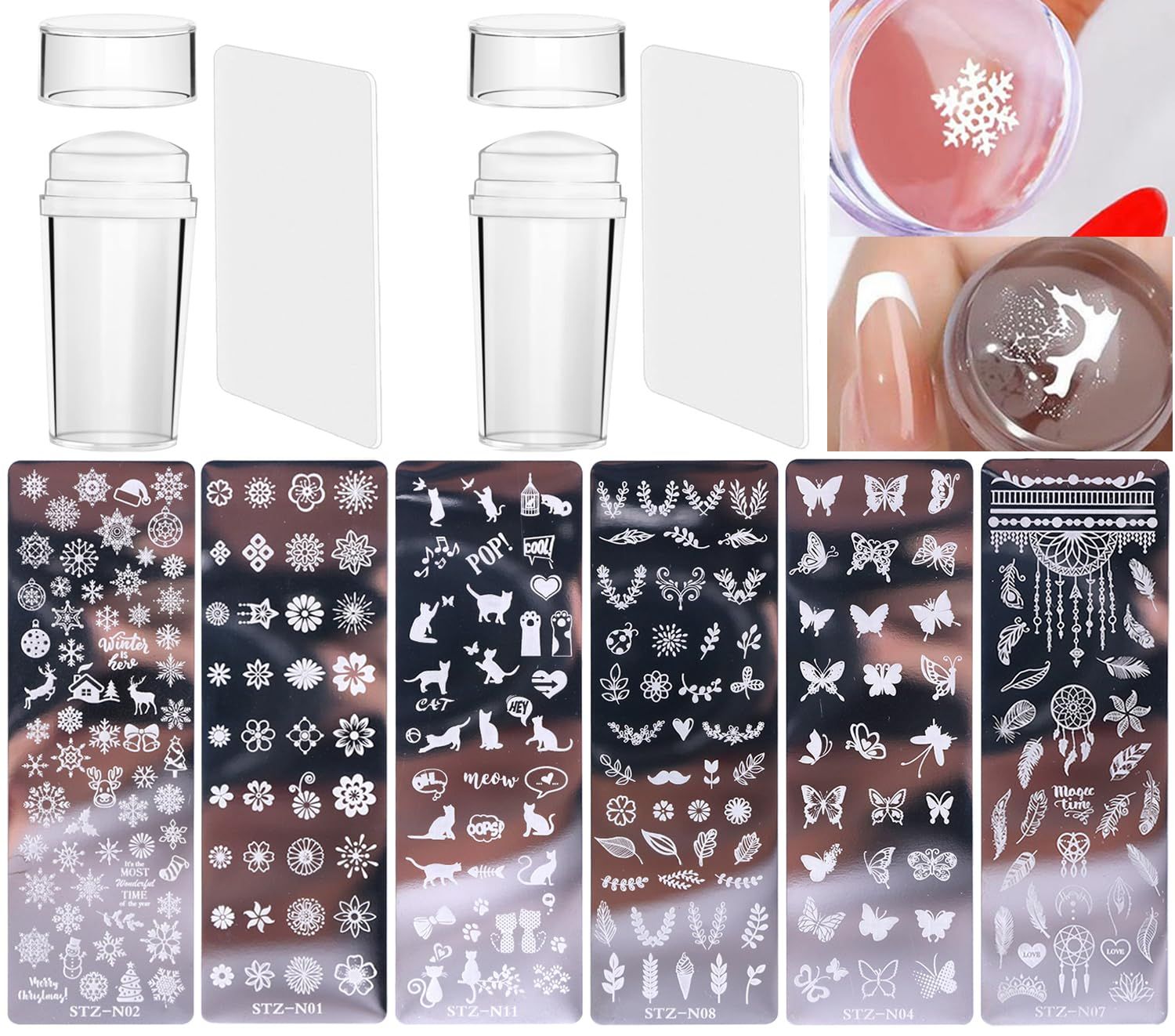 10 Pcs Nail Stamp Template Kit French, Contains 2 Stamper 2 Squeegee 6 Pattern Templates for DIY Nail Decor Easy French Style Nail Art Designs, Nail Stamper Stencil Plates Set Manicure Nail Supplies