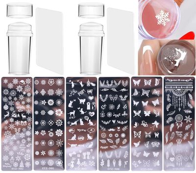 10 Pcs Nail Stamp Template Kit French, Contains 2 Stamper 2 Squeegee 6 Pattern Templates for DIY Nail Decor Easy French Style Nail Art Designs, Nail Stamper Stencil Plates Set Manicure Nail Supplies