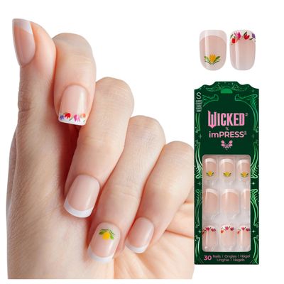 WICKED X imPRESS Design Press On Nails , The EASIEST NO GLUE Mani, Super Hold Adhesive, Rainbow of Blooms, White, Short Squoval, Includes 30 Fake Nails, 1 Prep Pad, 1 Manicure Stick, 1 Mini File
