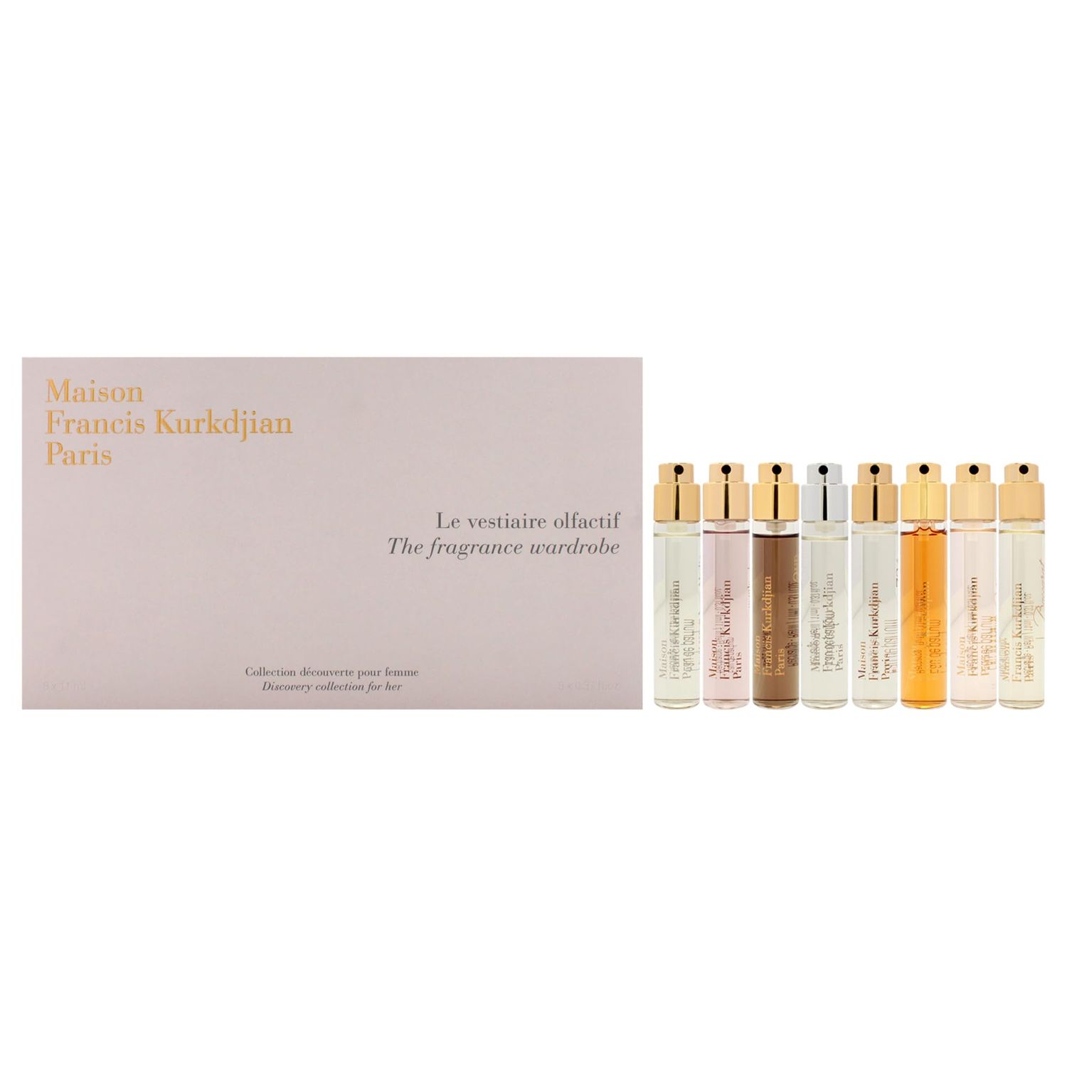 Maison Francis Kurkdjian The Fragrance Wardrobe For Her for Women - 8 Pc Gift Set 8 x 0.37oz EDP Spray Aqua Media Cologne forte, A la rose, 724, Petit Matin, Gentle Fluidity Gold, OUD Satin