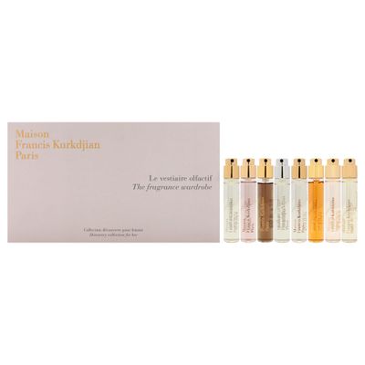 Maison Francis Kurkdjian The Fragrance Wardrobe For Her for Women - 8 Pc Gift Set 8 x 0.37oz EDP Spray Aqua Media Cologne forte, A la rose, 724, Petit Matin, Gentle Fluidity Gold, OUD Satin