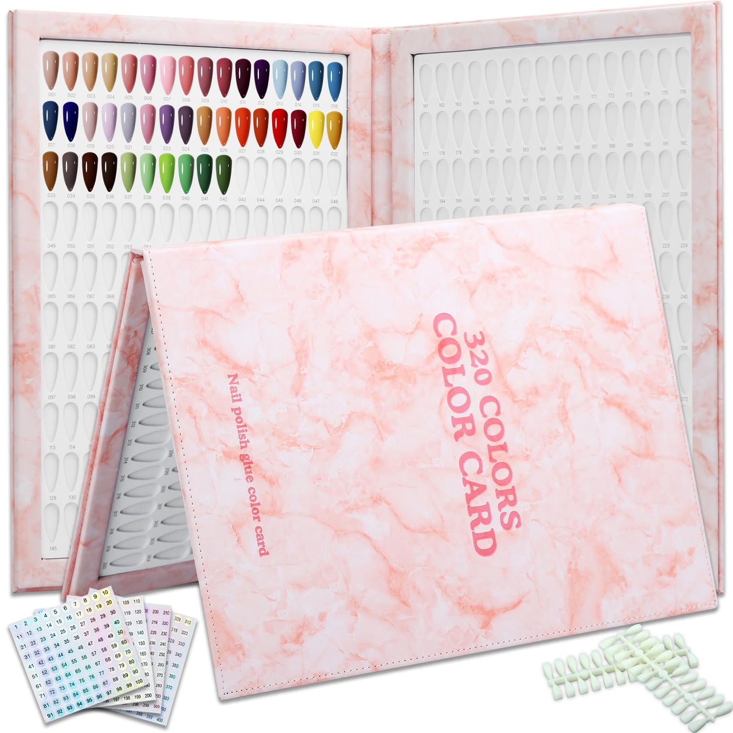 C12rtive 320 Nail Color Chart Book,Leather Nail Color Display Book with 480 Nail Tips &amp; 1-400 Number Labels,Professional Nail Color Chart Display Book for Nail Polish Nails Art Design(Pink)