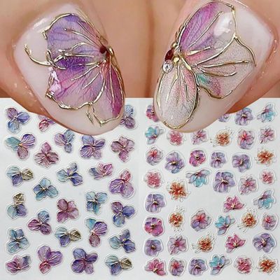 Purple Flower Nail Art Stickers Decals 5D Embossed Flowers Nail Decals 2PCS Metallic Self-Adhesive Purple Floral Nail Stickers Nail Art Supplies Flower Stickers for Women DIY Manicure Nail Decorations