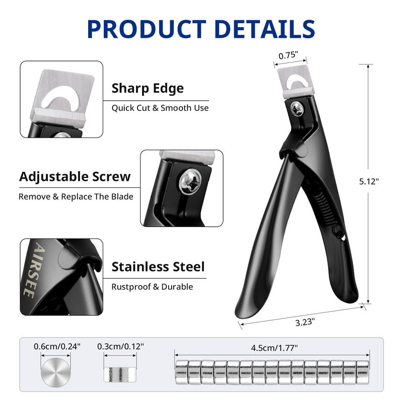 AIRSEE Professional Acrylic Nail Clipper with 15PCS Magnets Fake False Nails Tip Cutter Nail Trimmer for Artificial Nail Manicure Nail Art Tool Home DIY Use Black