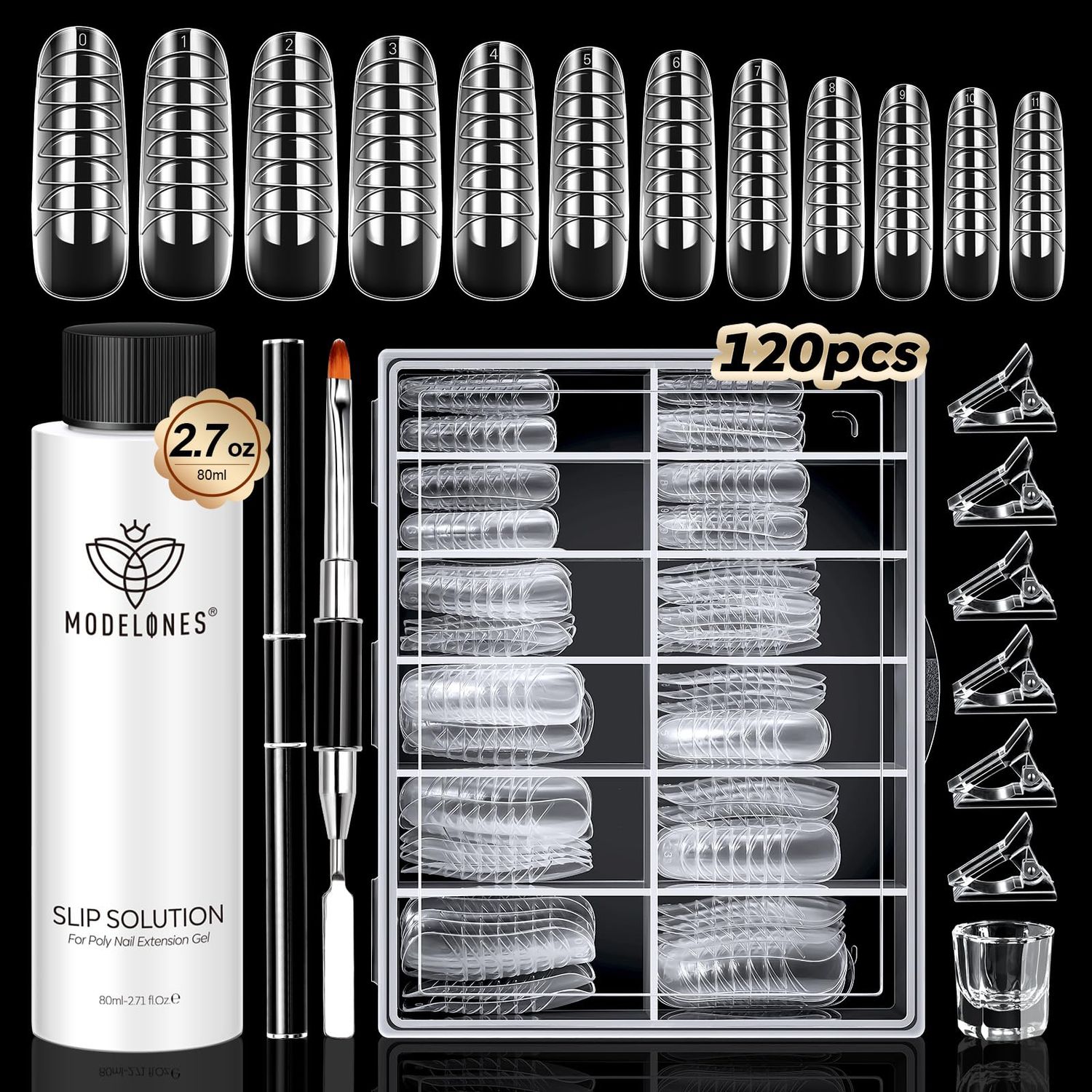modelones Slip Solution for Poly Gel, 2.8oz Anti-Stick Liquid for Poly Gel with 120Pcs Flat Dual Nail Forms Nail Tips Clips Kit