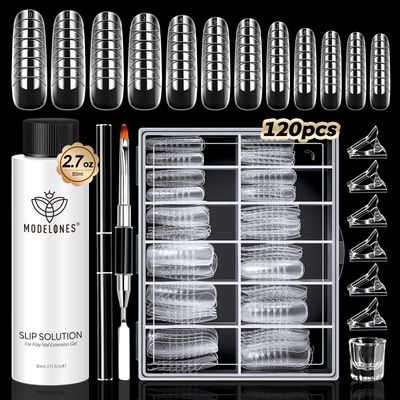 modelones Slip Solution for Poly Gel, 2.8oz Anti-Stick Liquid for Poly Gel with 120Pcs Flat Dual Nail Forms Nail Tips Clips Kit