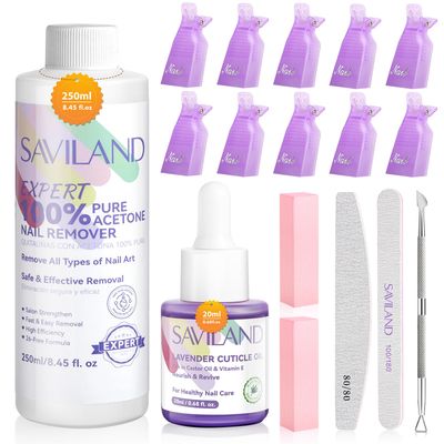 SAVILAND Expert Nail Polish Remover Kit: Gel Polish Remover Effective Removal Gel Polish Remover for Nails with Cuticle Oil 10 Pcs Nail Clips for Gel Removal Expert Level Home Salon Use 250 ML