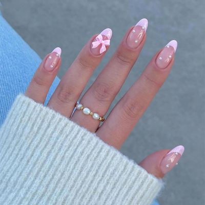 24 Pcs Pink French Tip Press on Nails Short Fake Nails Almond Shape False Nails Reusable Acrylic Nails Press ons Cute Pearl Bow Nails Design Handmade Nails Full Cover Glue-Free on Nails for Women