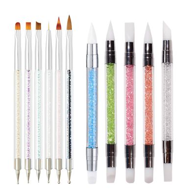 Whmeolyo 11Pcs Nail Art Brush Set, Dual Tipped Silicone Nail Tools, Nail Art Sculpture Pen, Crystal Handle Liner Brushes, Acrylic &amp; Gel Nail Brush, Dotting Pens for Home and Professional Nail Salon