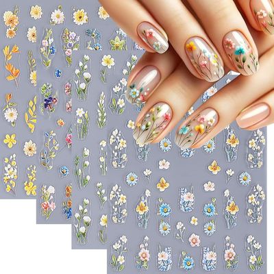 Flower Nail Stickers for Nail Art, 5D Embossed Wildflower Nail Decals Summer Floral Wildflower Small Daisy Blue Plant Spring Flower Nail Art Supplies for Women Girls (4 Sheets)