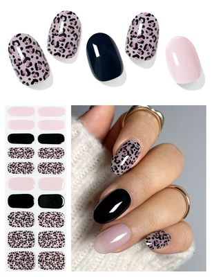 AutyaMee Semi Cured Gel Nail Strips (Pink Leopard), Purple, 20 Pcs Gel Nail Wraps, Stickers, UV Light Required, Salon Quality, Long Lasting