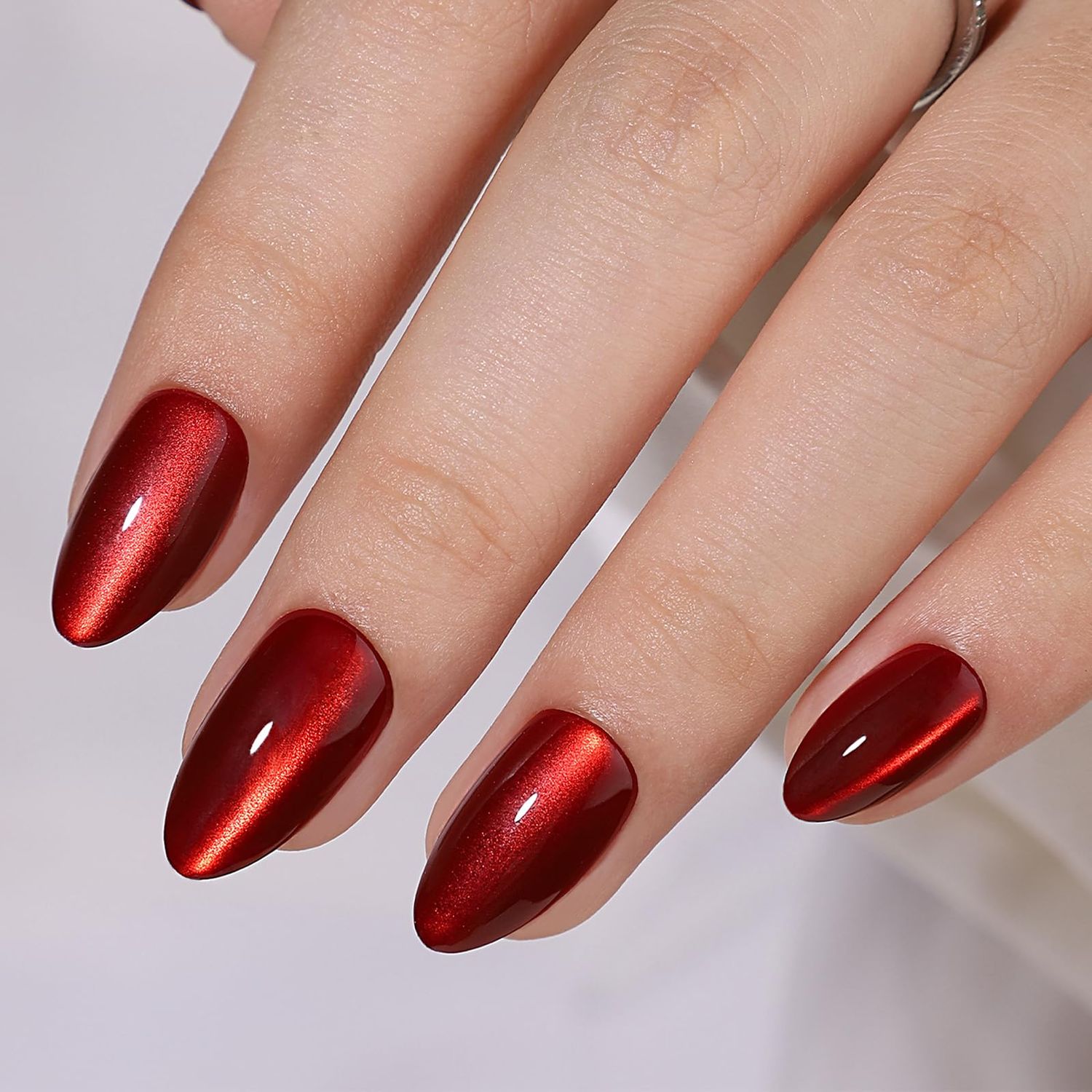 CUZIAM Red Magnet Cat Eyes Press on Nails Short Almond, Aurora Mirror Chrome Red Soft Gel Stick on Nails with Glue, 32pcs 16 Sizes Glossy Glitter Reusable Easy Salon Nail Manicure for Women Girls