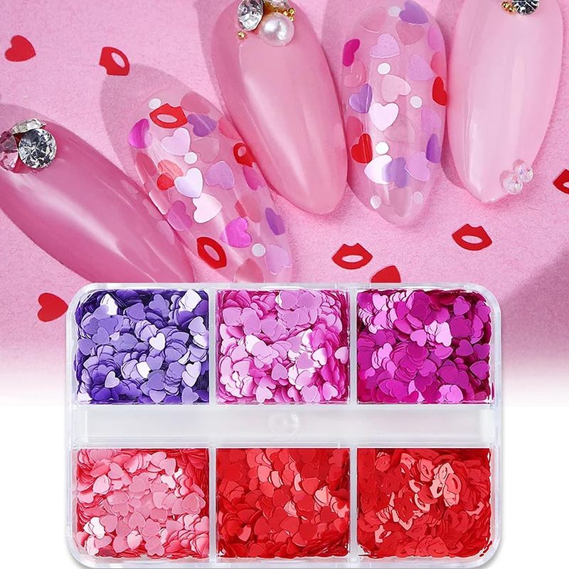 6 Grids Valentines Day Heart Glitter Multiple Colors Sequins for Nail Art Heart Charms Christmas Nails Hollow-Out Flakes Heart Acrylic 3D Holographic Glitter Flakes Heart Nail Designs Decor