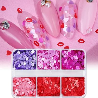 6 Grids Valentines Day Heart Glitter Multiple Colors Sequins for Nail Art Heart Charms Christmas Nails Hollow-Out Flakes Heart Acrylic 3D Holographic Glitter Flakes Heart Nail Designs Decor