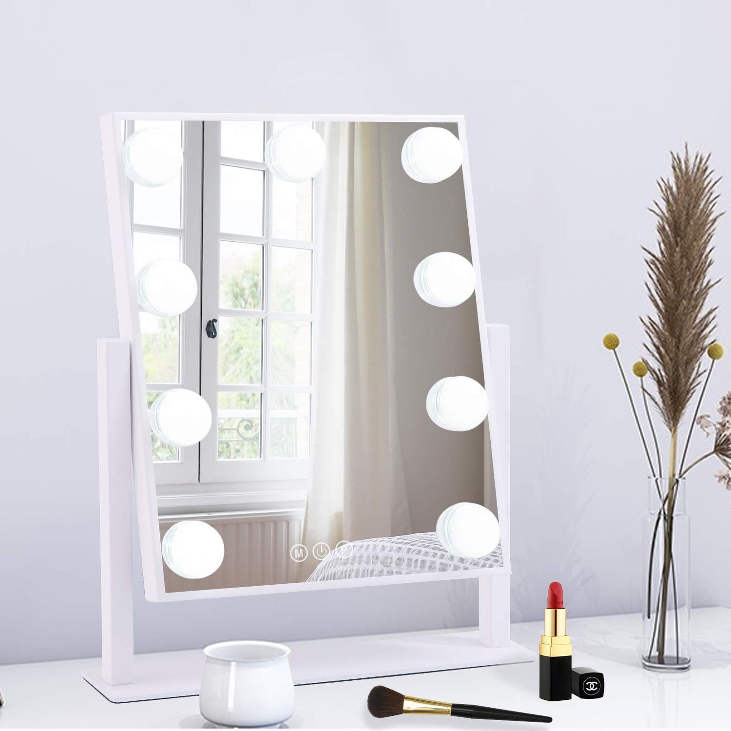 BWLLNI Lighted Makeup Mirror Hollywood Mirror Vanity Mirror with Lights, Touch Control Design 3 Colors Dimable LED Bulbs, Detachable 10X Magnification, 360Rotation, (White) 12 L x 14 W