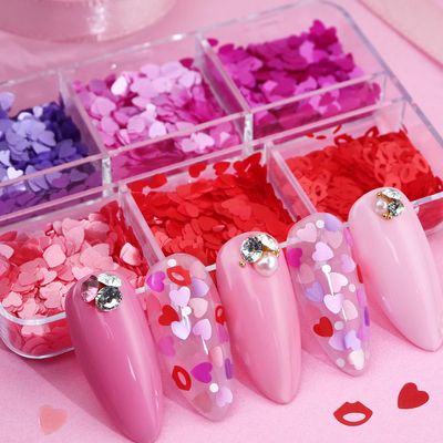 6 Grids Valentines Day Heart Glitter Multiple Colors Sequins for Nail Art Heart Charms Christmas Nails Hollow-Out Flakes Heart Acrylic 3D Holographic Glitter Flakes Heart Nail Designs Decor