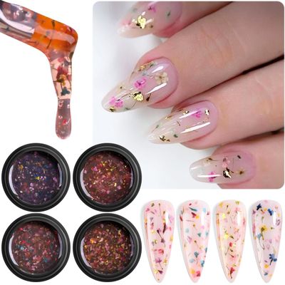 Fcozpjk Dried Flowers Gel Nail Polish, 4 Colors Flower Gel Nail Polish Soak Off UV/LED Nail Polish Spring Summer Floral Nail Design Translucent Jelly Gel Nail Polish Kit Home Manicure