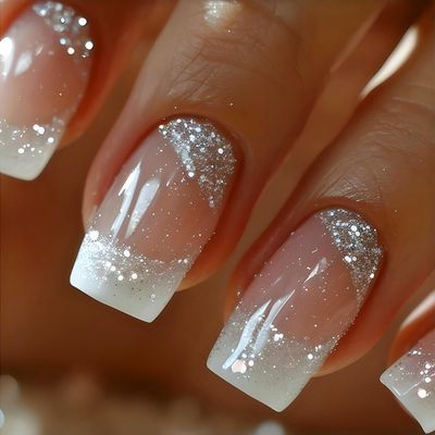 Rchovsam Short Press on Nails Square White Fake Nails French Tip Design False Nails Press Ons Summer Silver Glitter Stick on Nails Full Cover Artificial Nails Gift for Women 24pcs