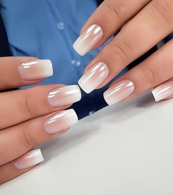 Sqaure Press On Nails Medium - Aegenacess Nude White Ombre Press on Nails, Stick On Nails for Women, Fake Nail with Jelly Stickers, Glue on Nails in 12 Sizes - 24 Nail Kit, Glazed Design