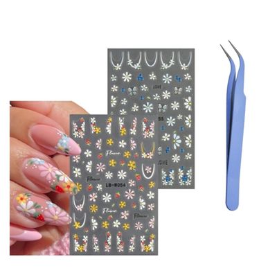 ICATHUNY 4 Sheets 5D Embossed Flower Nail Art Stickers,Nails Adhesive Stickers Nail Art Stickers for Nails DIY Manicure Decorations with Tweezer (Flower-4Sheets)