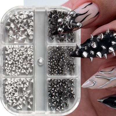 3D Mini Metal Punk Nail Art Studs Mixed Sizes Gold Black Cone Spikes Alloy Rivets Jewelry Steel Balls Jewels for Women Goth Manicure Charms Accessories DIY Crafts Decorations