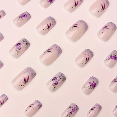 Purple French Press on Nails Short Square Fake Nails Nude False Nails Press ons with Purple Flower Design Glitter Nail Art Tips Full Cover Acrylic Glue on Nails for Women 24 Pcs