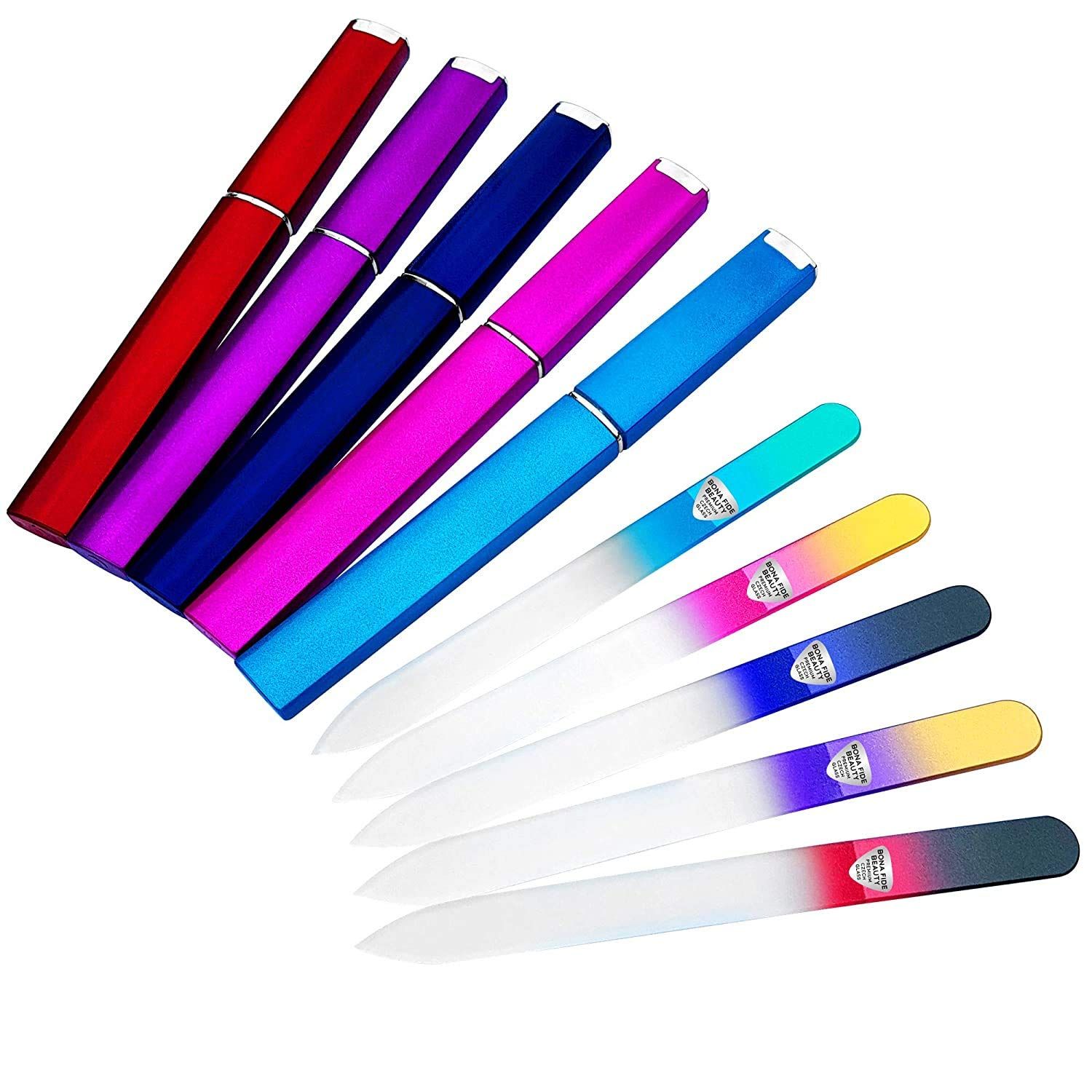 Bona Fide Beauty Czech Glass Nail File for Natural Nails Set, 5-Pack Etched Files with Hardcases (180/240 grit). Genuine Bohemian Glass from The EU.