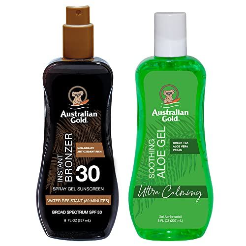 Australian Gold Sunscreen Gel Spray with Bronzer Soothing After Sun Aloe Vera Gel, Hydrating Sunburn Relief &amp; Broad Spectrum UVA/UVB SPF 15 Sunscreen Spray, Water Resistant, Vegan Skin Care Set
